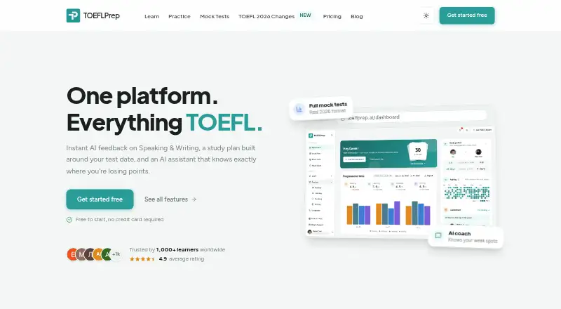 The TOEFLPrep.ai homepage