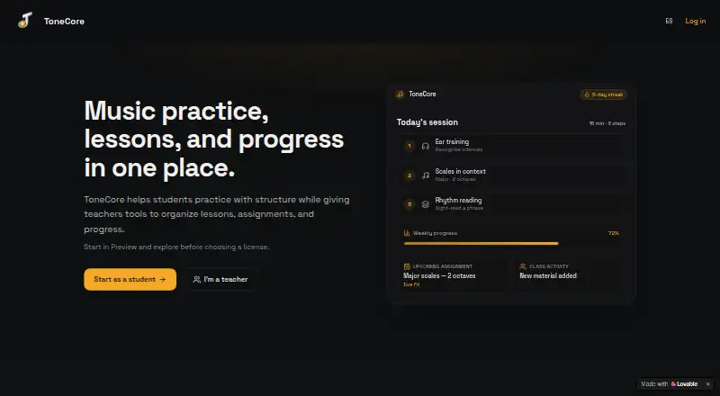 The ToneCore homepage