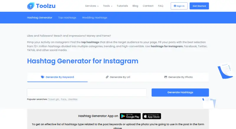 The Toolzu Hashtag Generator homepage