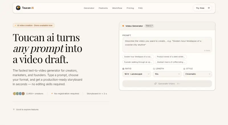 The Toucan AI homepage