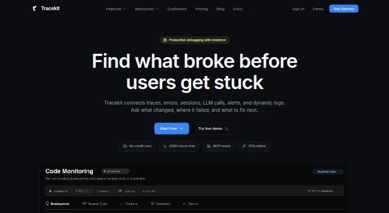 The Tracekit homepage