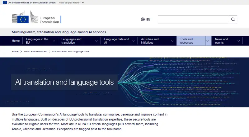The eTranslation homepage