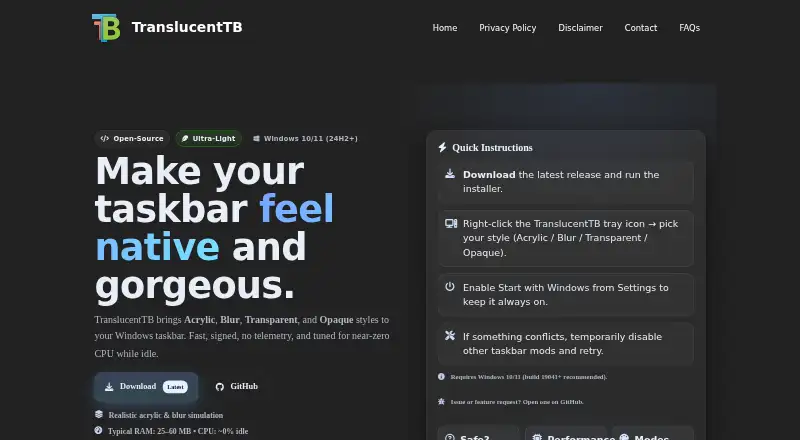 The TranslucentTB homepage