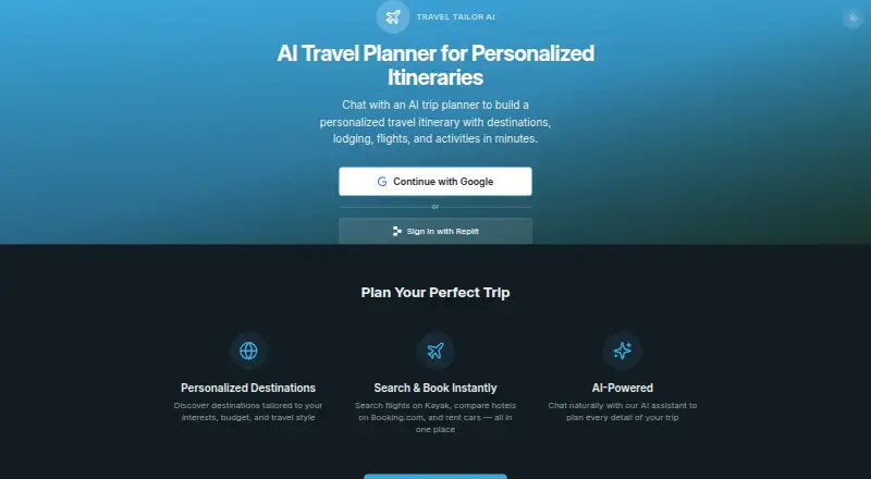 The Travel Tailor AI homepage