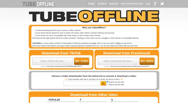 The TubeOffline homepage