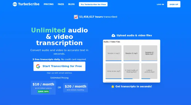 The TurboScribe homepage