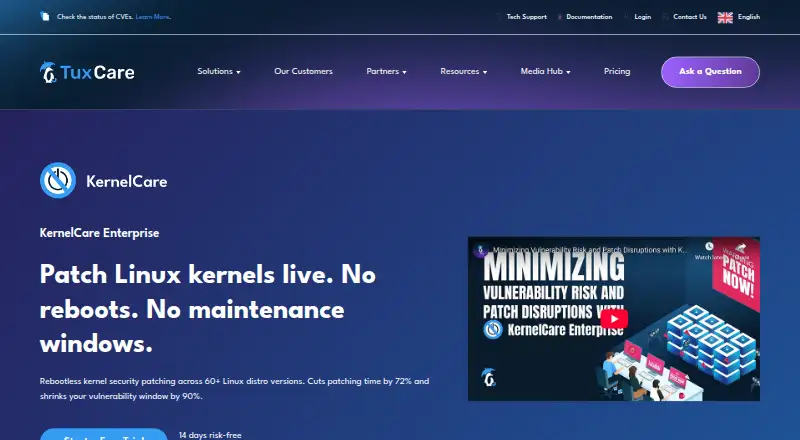The KernelCare Enterprise homepage