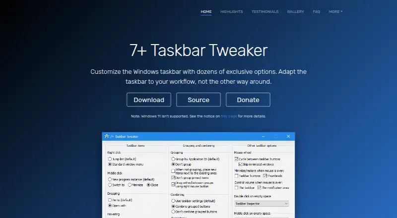 The 7+ Taskbar Tweaker homepage