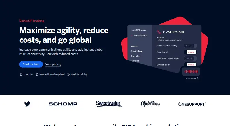 The Twilio Elastic SIP Trunking homepage