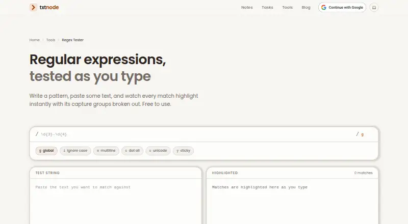 The txtnode Regex Tester homepage
