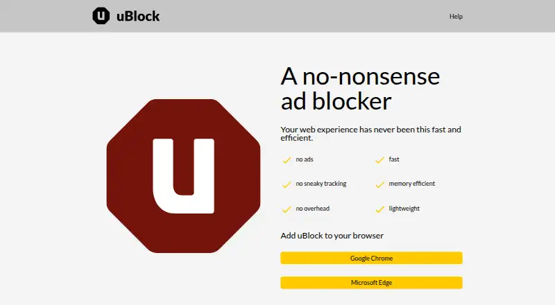 The uBlock homepage
