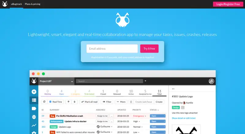 The uBugtrack homepage