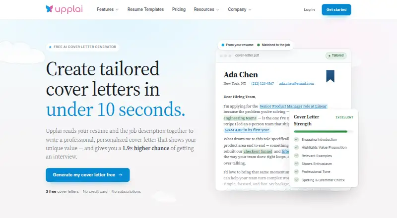 The Upplai Cover Letter Generator homepage