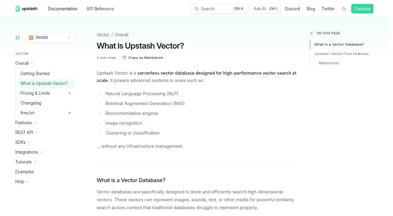 The Upstash Vector homepage