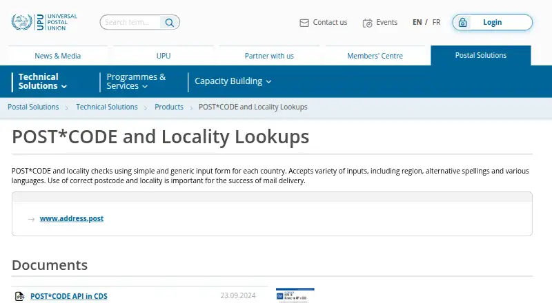 The UPU POST*CODE API homepage