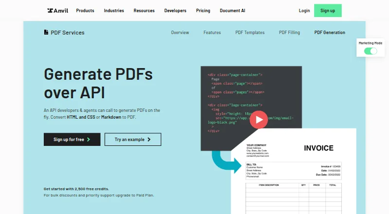 The Anvil PDF Generation API homepage