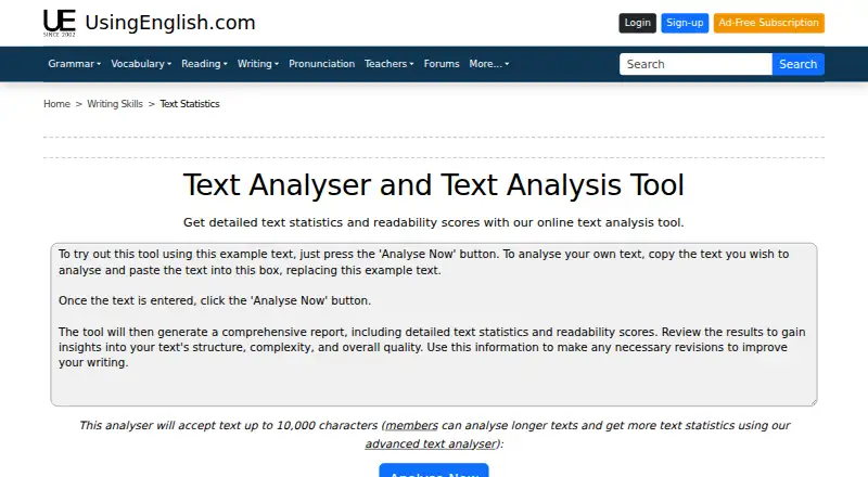 The UsingEnglish Text Analyser homepage