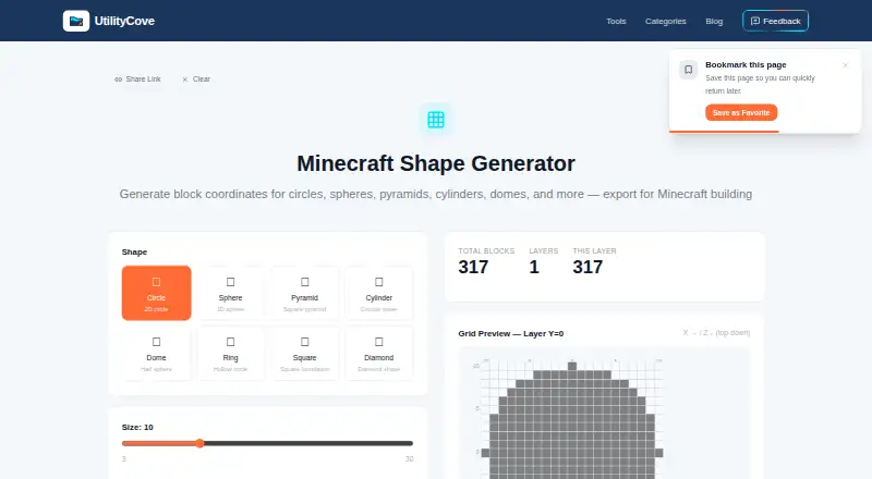 The UtilityCove Minecraft Shape Generator homepage