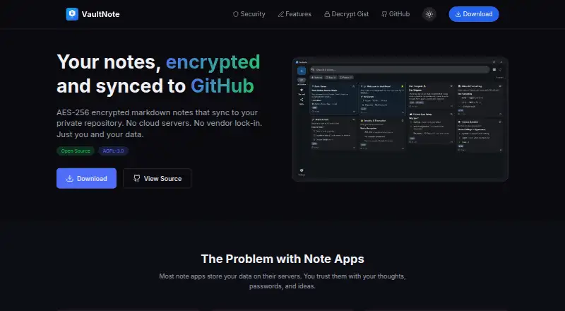 The VaultNote homepage