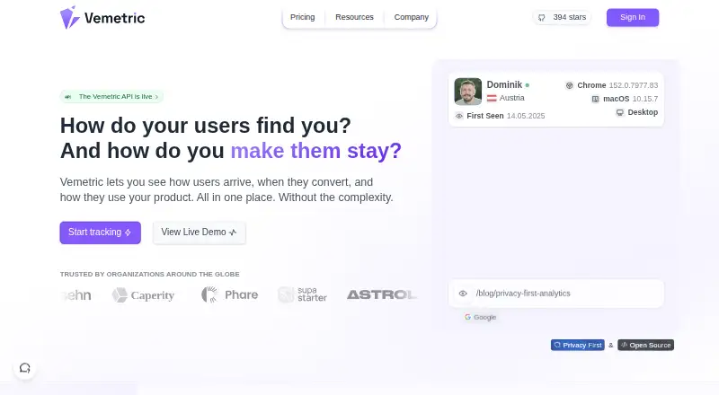 The Vemetric homepage