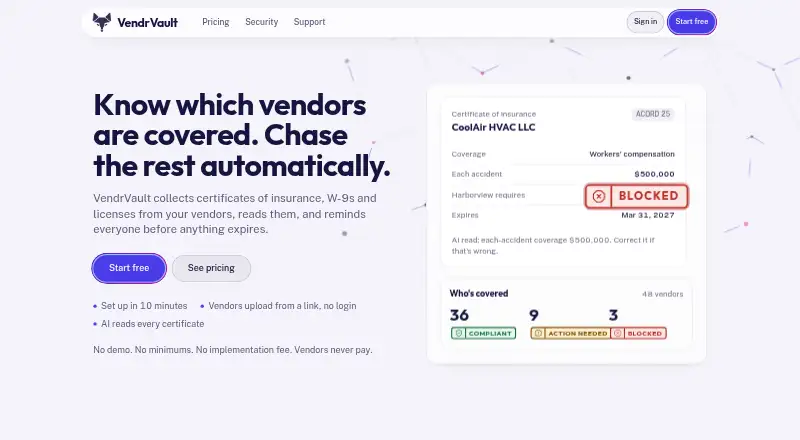 The VendrVault homepage