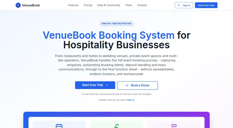 The VenueBook homepage