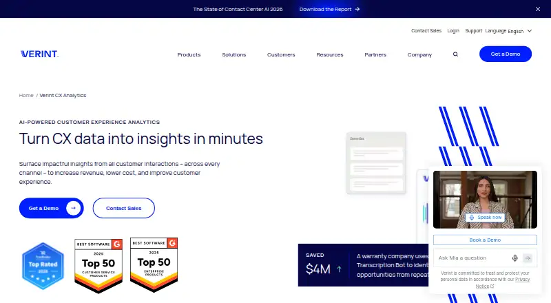The Verint CX Analytics homepage