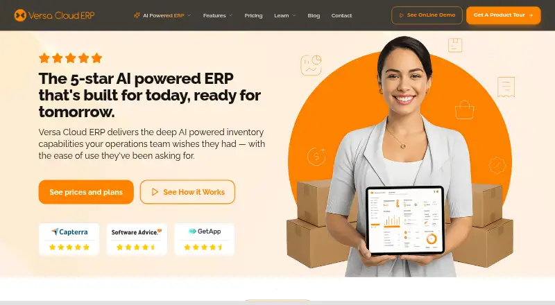 The Versa Cloud ERP homepage