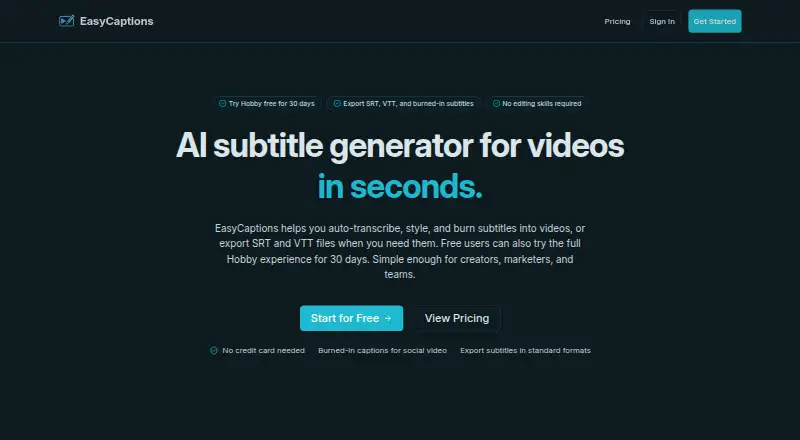 The EasyCaptions homepage
