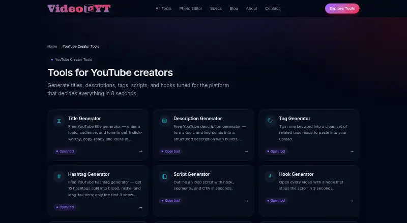 The Video.yt YouTube Tools homepage
