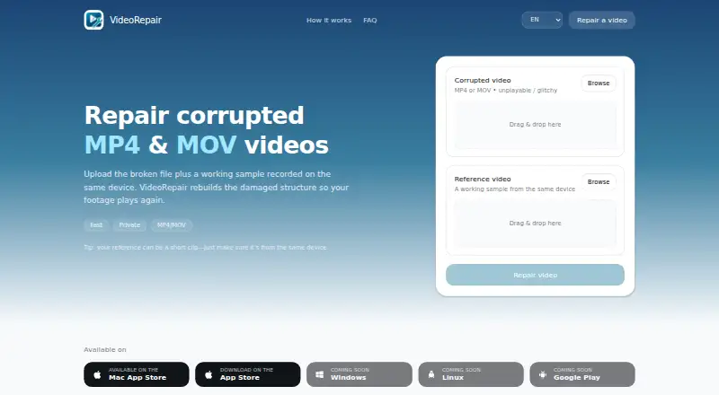 The VideoRepair homepage