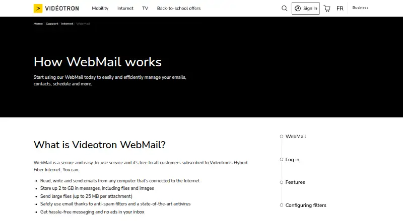 The Videotron WebMail homepage