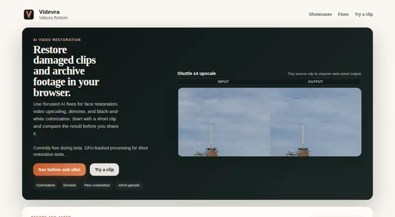 The Videvra Restore homepage
