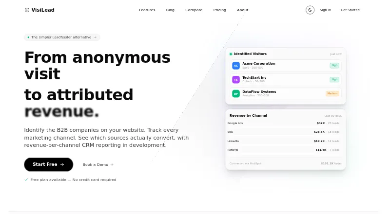 The VisiLead homepage