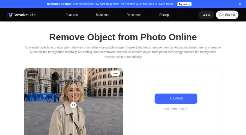The Vmake AI Object Remover homepage