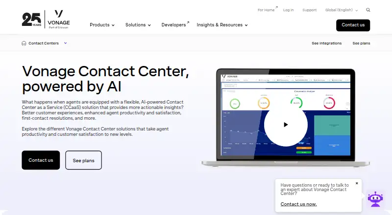 The Vonage Contact Center homepage