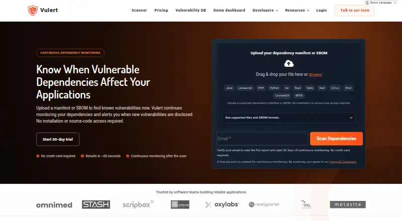 The Vulert homepage
