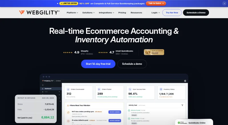 The Webgility homepage