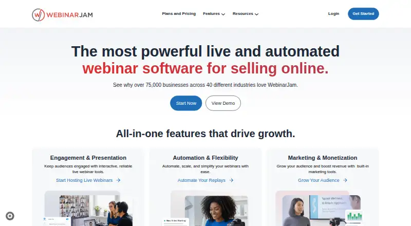 The WebinarJam homepage