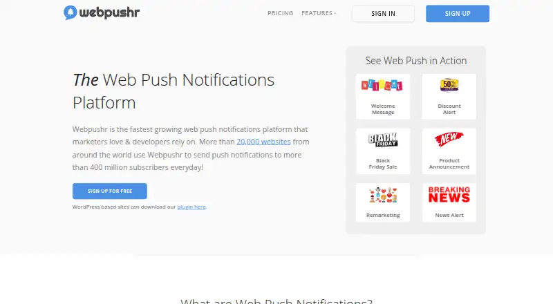 The Webpushr homepage
