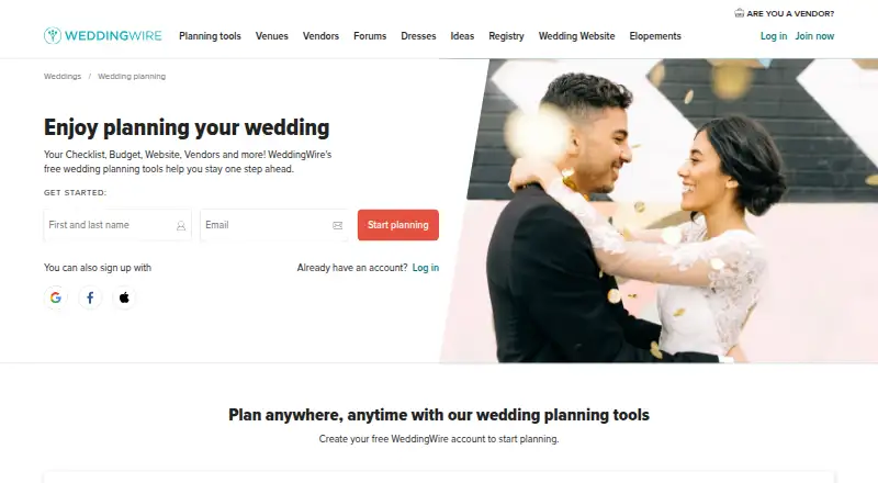 The WeddingWire Planning Tools homepage