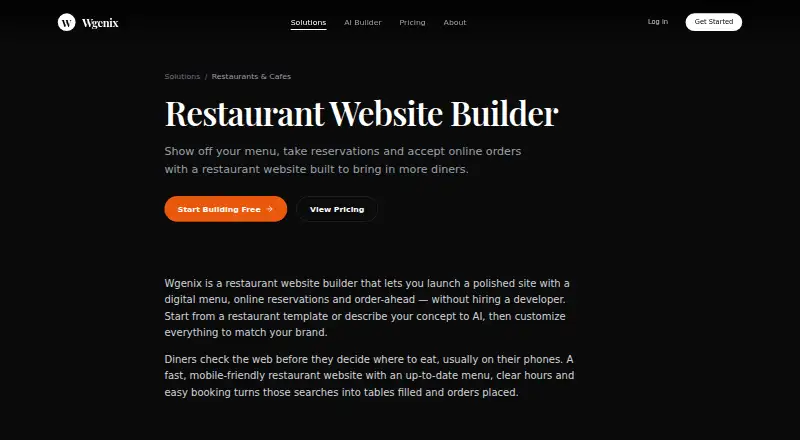 The Wgenix Restaurant Website Builder homepage