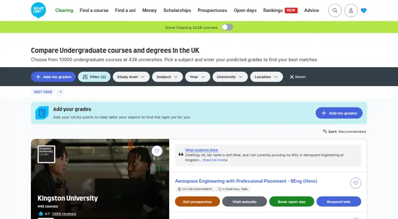 The Whatuni homepage