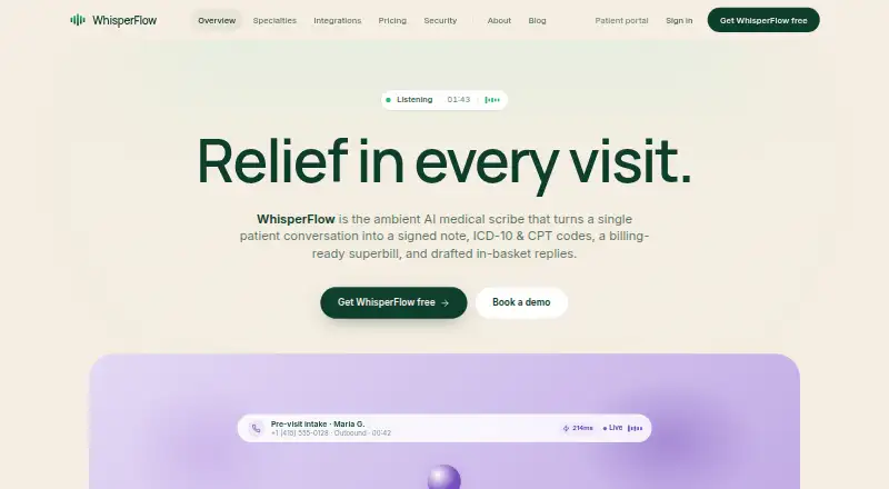 The WhisperFlow homepage