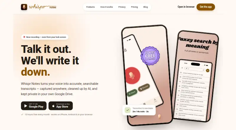 The Whispr Notes homepage