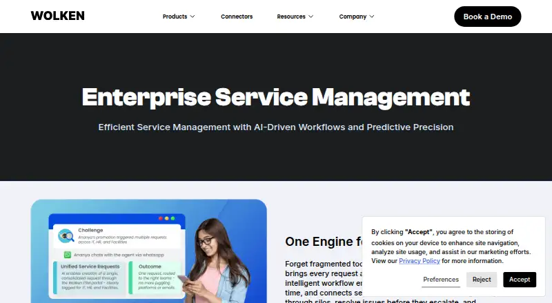 The Wolken AI Enterprise Service Management homepage