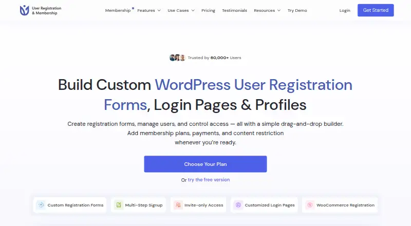 The User Registration & Membership homepage