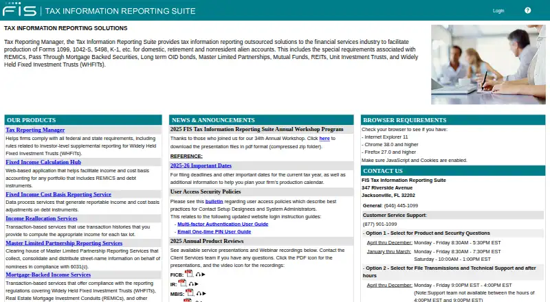 The FIS Tax Reporting Manager homepage