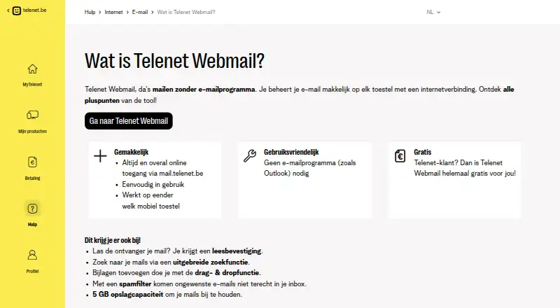 The Telenet Webmail homepage