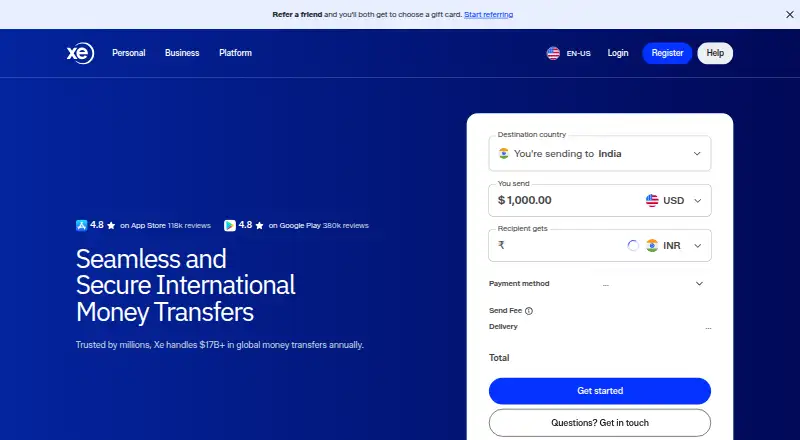 The Xe Money Transfer homepage